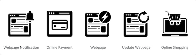 ベクトル 5 つの黒いアイコンを表示する web ページの通知