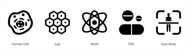 ベクトル ヒト細胞 アトムなどの 5 つの医療アイコンのセット