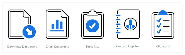 A set of 5 mix icons as download documen chart document done list