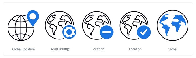 A set of 5 mix icons as global location map settings location