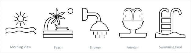 ベクトル 5 つのアイコンを組み合わせて朝のビーチシャワーを表示します