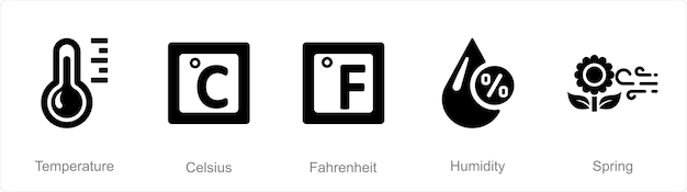 벡터 섭씨 화씨 온도로 5개의 믹스 아이콘 세트