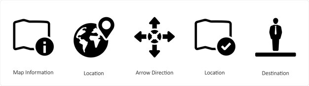 Набор из 5 навигационных значков, таких как карта информации о местоположении