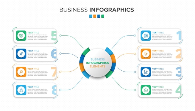 カラフルな形の8ステップのビジネスインフォグラフィック要素のセット