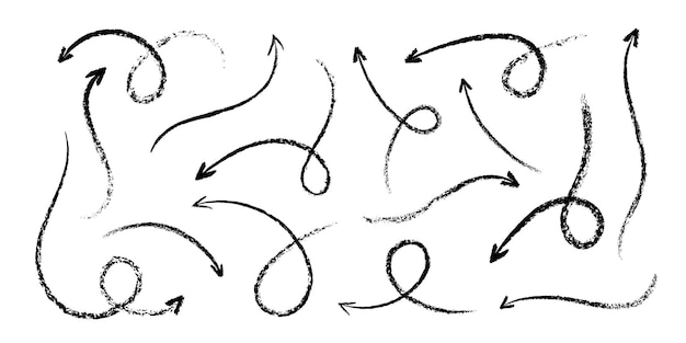 ベクトル パステル ⁇ 筆の質感を持つ様々な手描きの要素をクレヨンまたは木炭で描いた矢印のセット