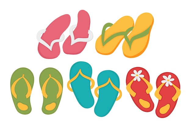 Вектор Набор пляжной обуви клипарт flat doodle все объекты перекрашены