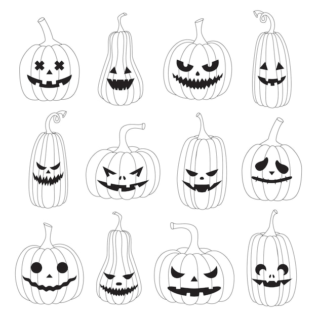 Набор черно-белых набросков тыкв на хэллоуин с рисованной хриплыми разными выражениями лица