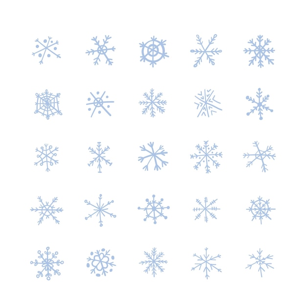 벡터 파란색 눈송이의 집합입니다. 낙서에 그리기. 손으로 벡터 일러스트 레이 션.