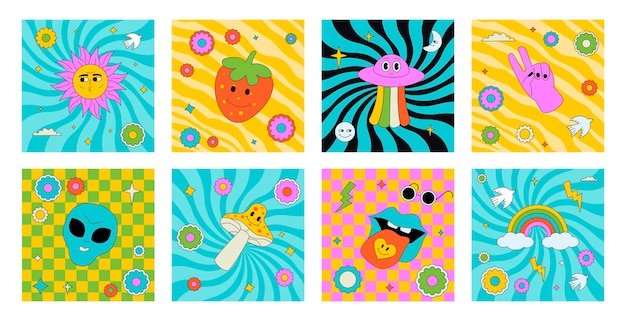Вектор Набор ярких психоделических квадратных иллюстраций, наклеек с различными элементами в стиле 60-х 70-х годов.