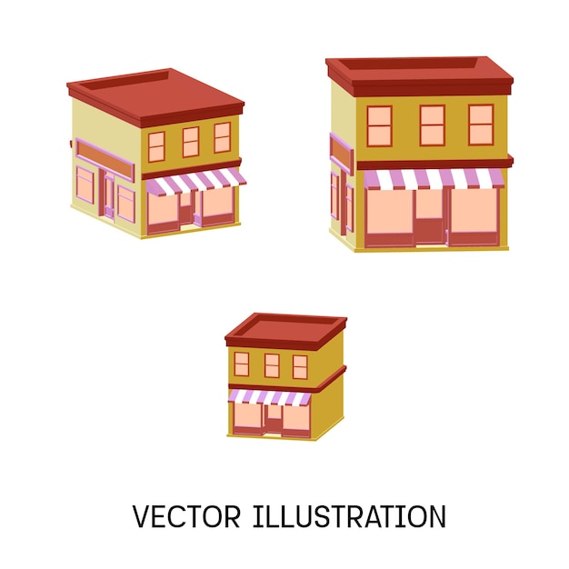 Набор зданий с тентом, на котором изображена векторная иллюстрация.