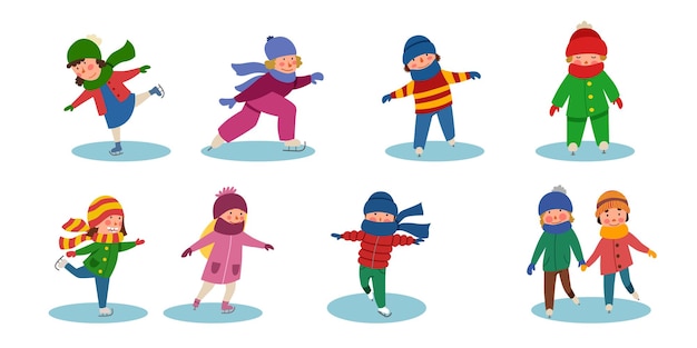 Вектор Набор детских коньков на льду. зимние виды спорта. векторная иллюстрация в плоском стиле.