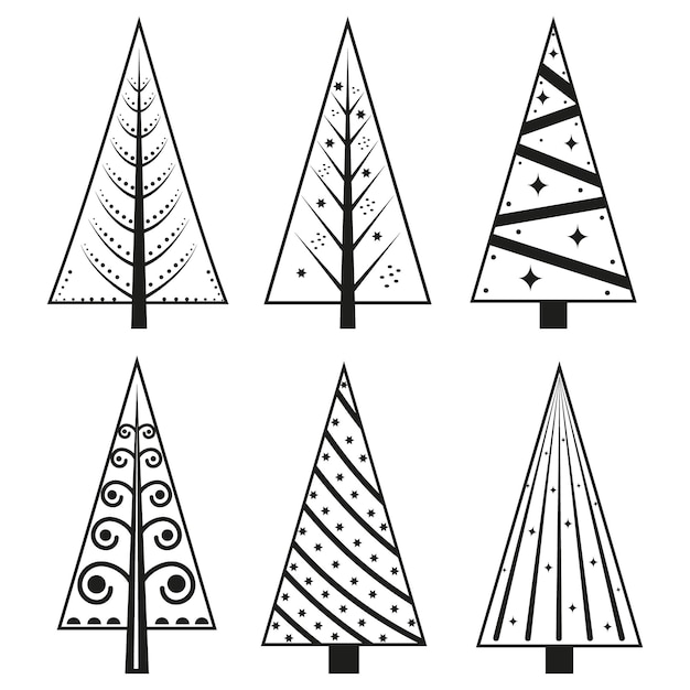 Набор рождественских елок в черном контуре в стиле каракулей изолированная векторная иллюстрация