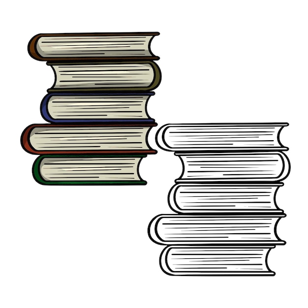 Набор цветных и монохромных изображений высокая стопка толстых книг, вид сбоку вектор мультфильма