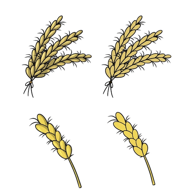 Набор цветных иконок, куча колосьев, спелый колос, ржаные хлопья, векторный мультфильм