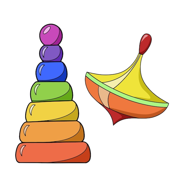 Вектор Набор цветных иконок, яркие игрушки для маленьких детей, волчок и пирамидальный векторный мультфильм