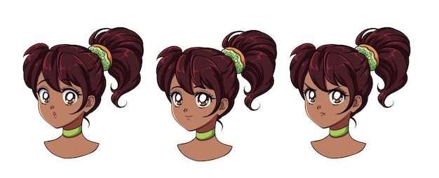 다른 표정으로 귀여운 애니메이션 소녀 세트. 검은 머리카락, 크고 검은 눈.