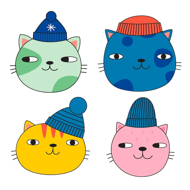 冬の帽子をかぶったかわいい猫の顔のセット。落書き風。ベクトル図