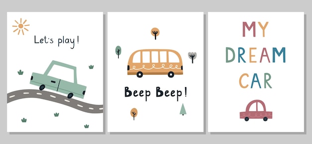Набор милых детских плакатов, нарисованных от руки, мультяшных автомобилей, автобусов, деревьев, дорог