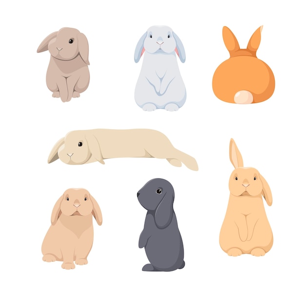 Набор милых кроликов на белом фоне мультяшный дизайн
