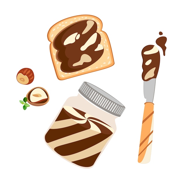 초콜릿의 달콤함과 견과류 버터가 어우러진 디저트 세트. 컵과 빵 조각에 초콜릿 페이스트