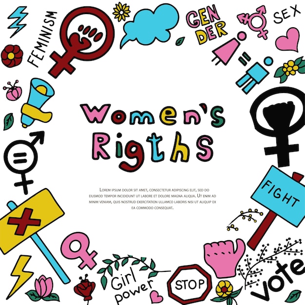 Набор каракулей признаков феминизма, права женщин, гранж, нарисованные вручную векторные иконки протеста феминизма ...