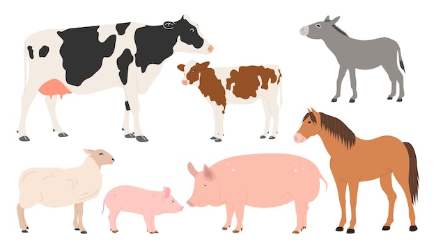 ベクトル 牛、牛、牛、牛、牛、牛、牛を含む農場の動物のセット