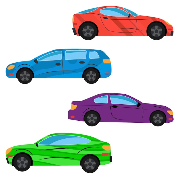 Набор из четырех автомобилей, окрашенных в разные цвета. векторная иллюстрация