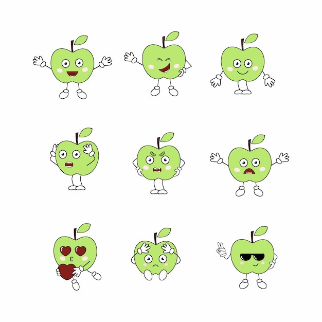 Набор фруктов с эмоциями на лице. веселые яблоки-смайлики. смайлики и наклейки с рисунком apple. векторный мультипликационный персонаж для детей.