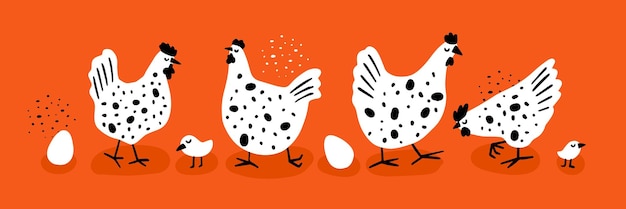 ベクトル 楽しい面白い鶏のセット 鶏と卵 かわいい子供の鳥のイラスト 服用プリント