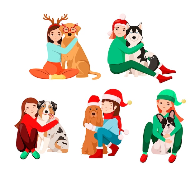 犬と面白い女の子のセット。クリスマスと新年。漫画のデザイン。