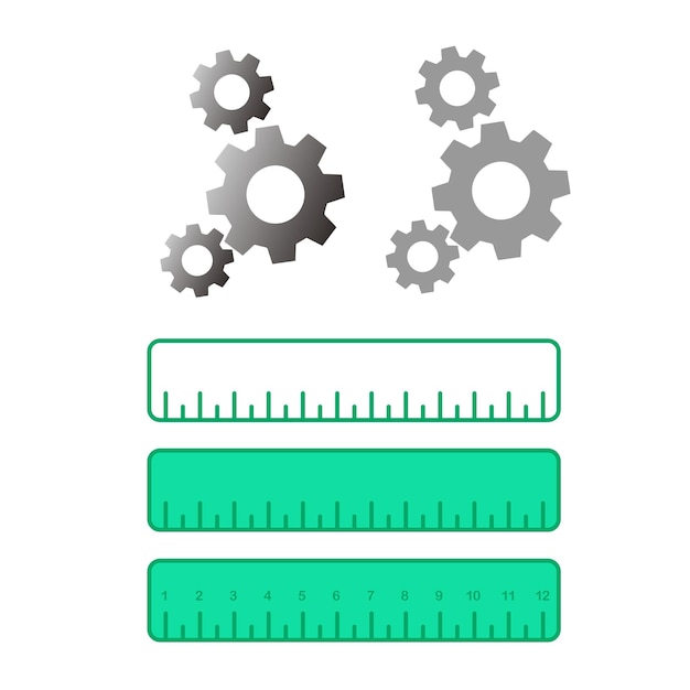 벡터 기어 세트와 눈금자는 흰색 배경에 있습니다.
