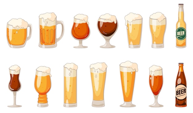 Вектор Набор стаканов и бутылок с пивом темное и светлое пиво в стаканах разной формы фестиваль легких алкогольных напитков векторная иллюстрация