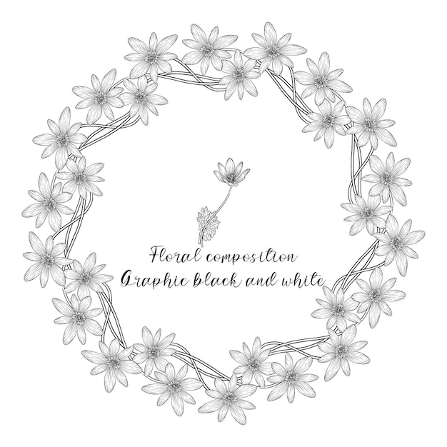 Набор графических цветочных композиций с черно-белыми нежными цветами
