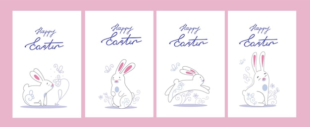 Набор поздравительных открыток с поздравительным текстом и белыми кроликами элементы дизайна для праздничной пасхи d
