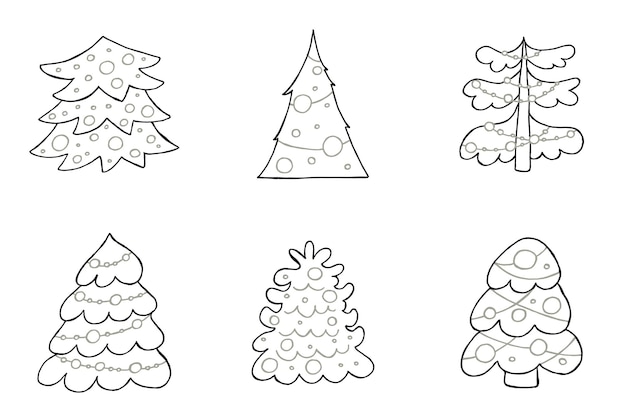 손으로 그린 크리스마스 트리 세트 낙서 스타일의 벡터 일러스트 겨울 분위기 안녕하세요 2023 메리 크리스마스와 새해 복 많이 받으세요 흰색 배경에 검정과 회색 요소
