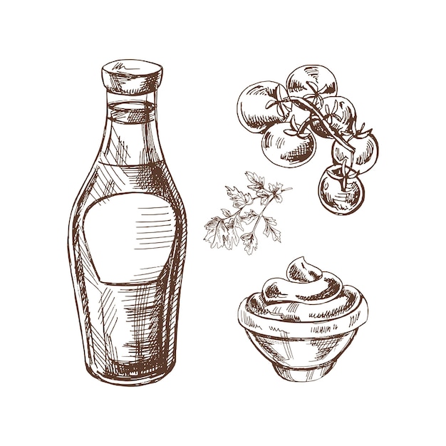ベクトル ガラスの瓶と鉢のトマトとパセリの中に手描きのケチャップやソースのスケッチのセット