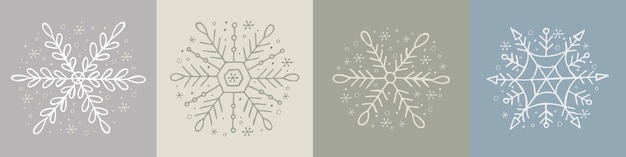 Набор нарисованных вручную снежинок векторная иллюстрация в стиле каракулей зимнее настроение hello 2023 merry christmas and happy new year белые и серые элементы на сером фоне
