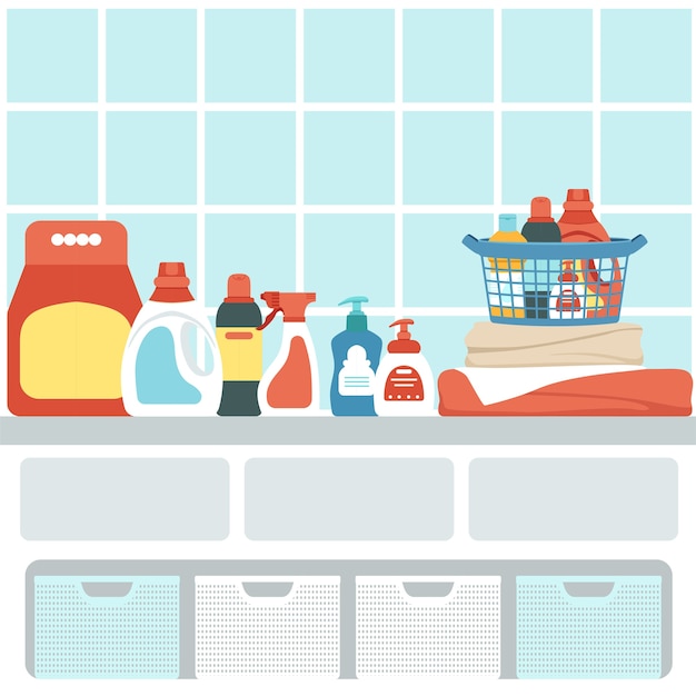 バスルームのインテリアにある家庭用化学薬品のセット。シャワーの貯蔵システム。