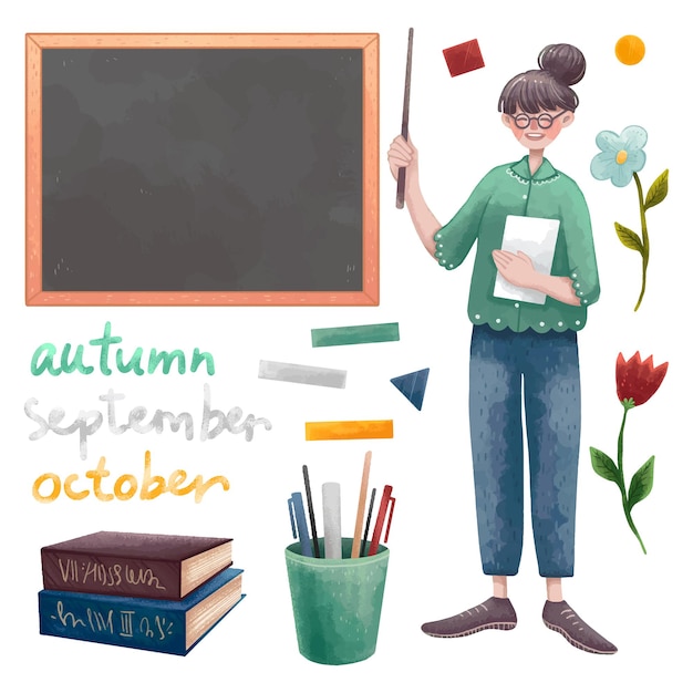 ベクトル 先生や家庭教師の日のイラストのセット。先生のキャラクター、黒板、チョークの碑文、チョーク、本、磁石、花、ペンと鉛筆のガラス