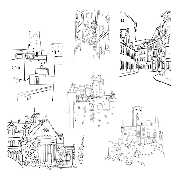 Вектор Набор изображений улиц замков древних городов мультяшный эскиз на белом фоне