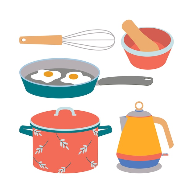 ベクトル キッチン用品一式、鍋、やかん、泡立て器、乳鉢と乳棒、フライパン