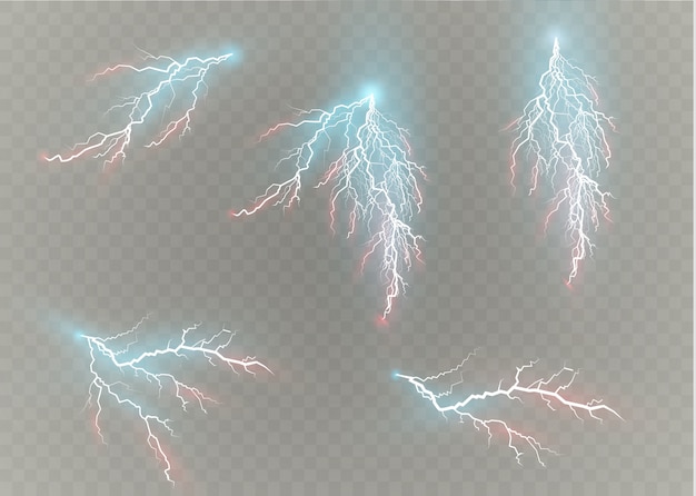 ライトニングマジックと明るいライトエフェクトのセット。図。放電電流。充電電流。自然現象。エネルギー効果の図。明るい光のフレアと火花。