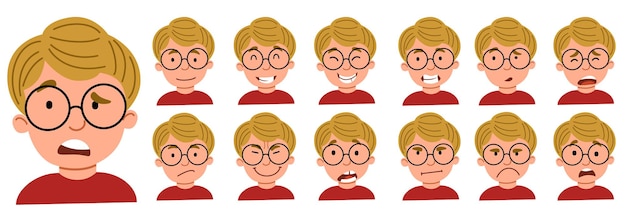 Набор мужских эмоций. парень в очках - аватар.