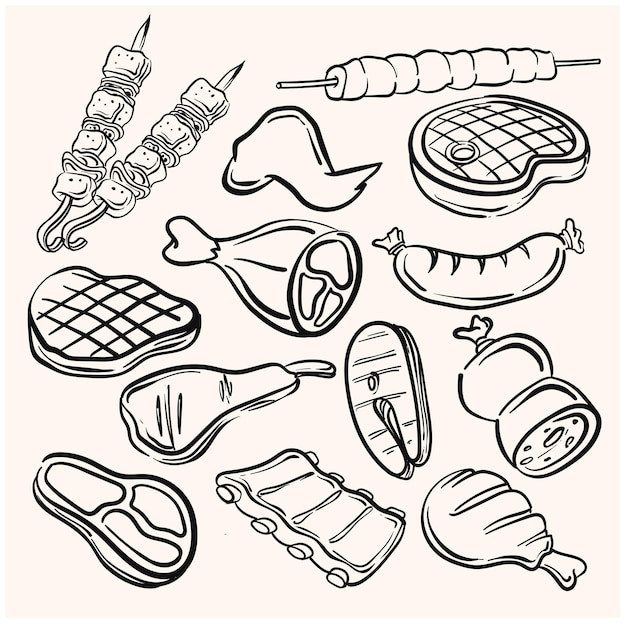 ドードルラインアートスタイルとクリーム色の背景で手で描かれた肉と家禽のセット