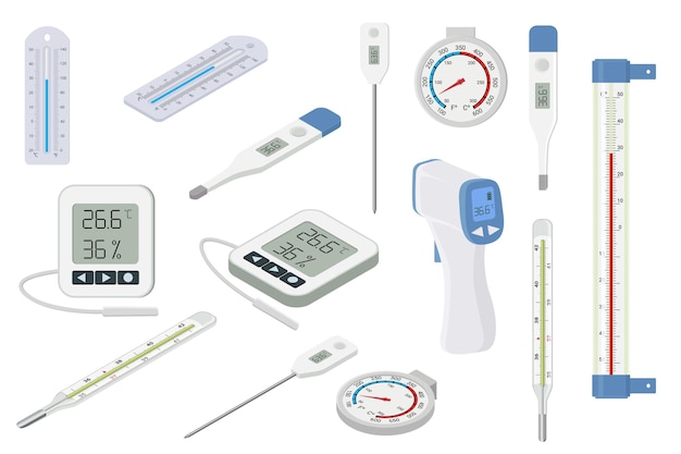 Набор медицинских и бытовых термометров, изолированных на белом фоне