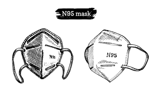 医療用マスクの図解のセット ベクトルで n95 人工呼吸器の手のスケッチ