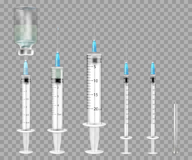 의료 주사기 세트입니다. 주입 주사기는 비어 있고 액체로 채워져 있습니다. 피하 및 근육 주사를 위한 다양한 크기의 일회용 플라스틱 주사기 세트.