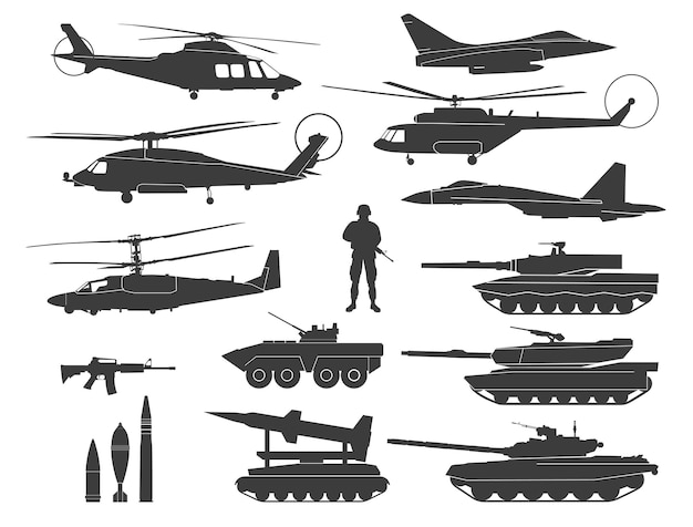 아이콘과 아이콘의 군사 실루엣 세트 탱크 헬리콥터 비행기 장갑차 및 미사일