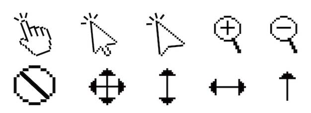 A set of minimalist pixelated computer cursors showing essential user interface actions clicking zooming in and out and resizing in a monochrome retro style