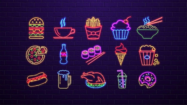 Вектор Набор неоновых светящихся ярких иконок быстрого питания для ресторана, кафе-бара и закусочных на фоне кирпичной стены в сине-зеленом, желтом и красном цветах